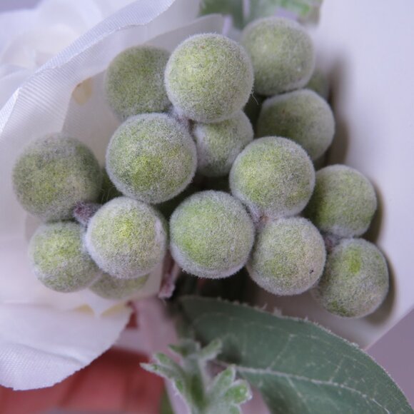 White Rose & Fuzzy Light Green Faux Floral Corsage or tiny floral arrange. 6x6.5 - Picture 3 of 7